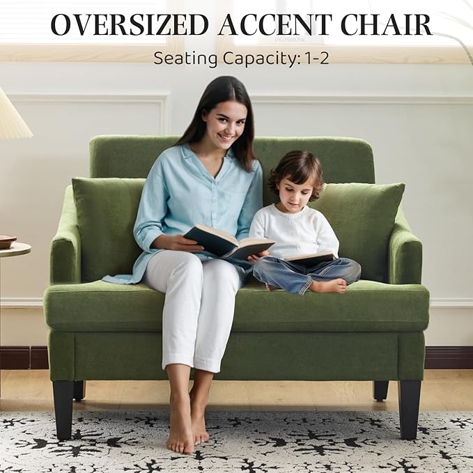 Bezseller Oversized Accent Chairs Set of 2, 33.5'' Wide Seat Comfy Armchair with 2 Pillows, Upholstered Big Reading Chair, Modern Single Sofa Chair for Living Room Bedroom Apartment Office, Green