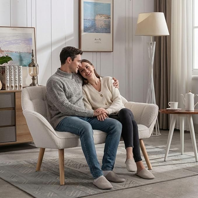 48" White Small Loveseat Sofa, Comfy Faux Fur 2-Seat Love Seat with Wood Legs, Modern Tufted Wingback Upholstered Sofa Couch for Small Space Living Room Bedroom Apartment