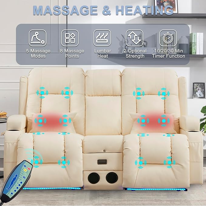 URRED Loveseat Recliner Sofa with Massage and Heat, Power Reclining Loveseat Sofa RV Couch with Console, Home Theater Seating with LED Lights, Bluetooth Speakers, USB, Outlets, Faux Leather, Ivory