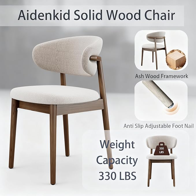 Set of 2 Solid Ash Wood Dining Chairs, Upgraded Reinforced Zero-Wobble Frame, Mid-Century Modern Side Chairs with Ergonomic Curved Backrest & Adjustable Floor Protectors (K-Walnut, Set of 2)