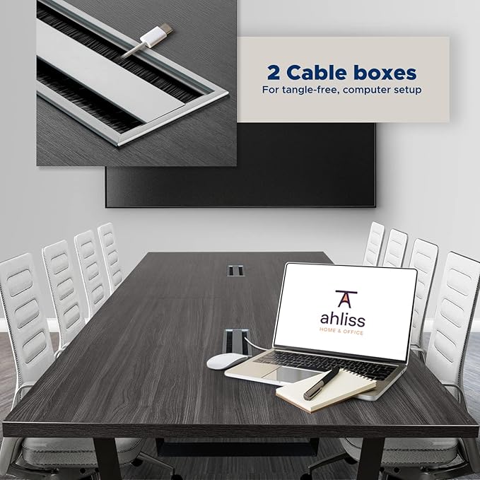 ahliss Sturdy Conference Table with Cable Management Grommets Modern Rectangle Office Meeting Table with Wood Tabletop and Metal Frame & Legs- Easy Assembly Boardroom Table (Grey, 8 Foot)