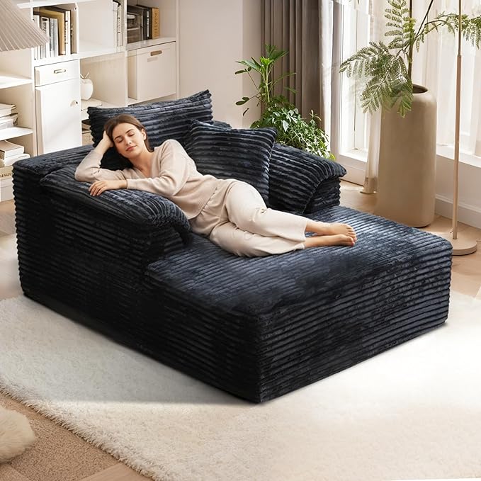 Oversized Chaise Lounge Chair Indoor, Upholstered Single 61'' Rolled Arm Boneless Cloud Sofa Bed Sleeper Couch, No Assembly Faux Rabbit Fur Memory Foam Reading Chair for Living Room Bedroom Black
