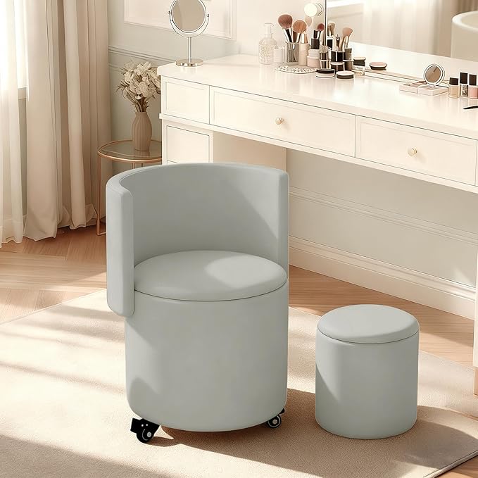 Rolling Round Vanity Chair with Storage, Swivel Makeup Chair with Folding Back, PU Leather Small Upholstered Ottoman for Bedroom Living Room