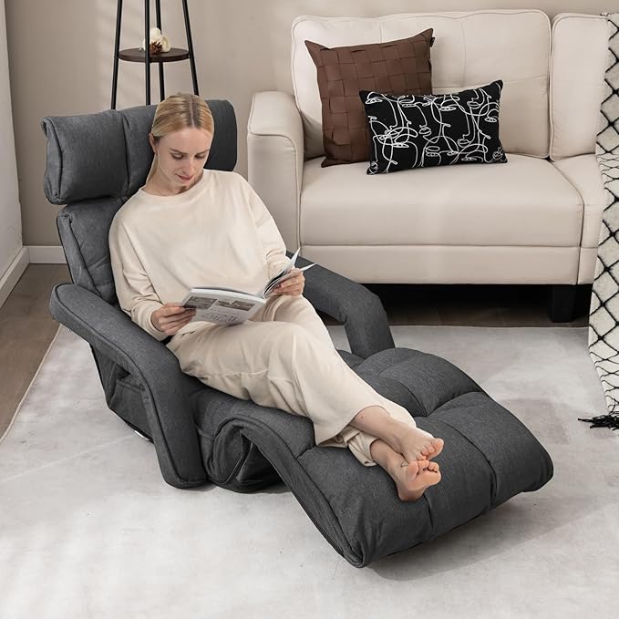 KOMFOTT Foldable Floor Lazy Sofa, Indoor Chaise Lounge Sofa with 6 Adjustable Positions, Folding Chair Bed with Adjustable Armrests, Backrest & Footrest, Ideal for Living Room, Bedroom (Dark Grey)