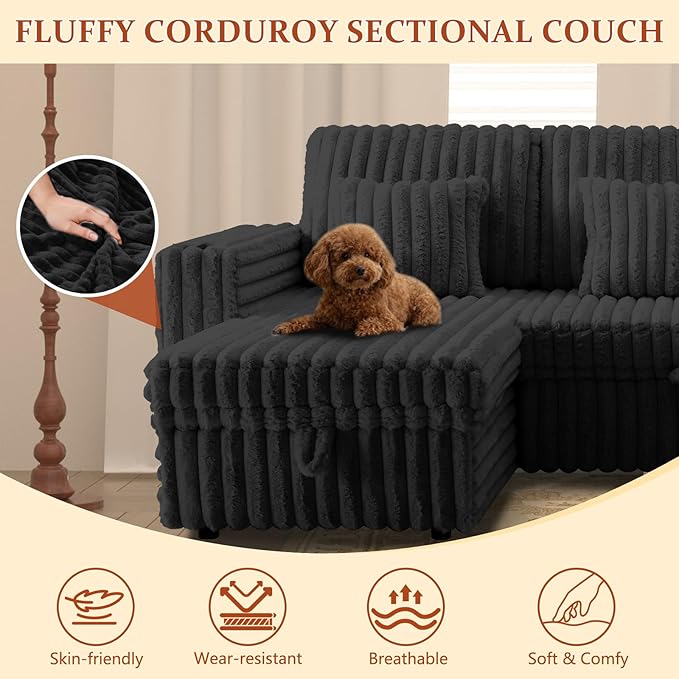 124" Sectional Sleeper Sofa with Pull Out Bed, Comfy Fluffy Plush Corduroy Cloud Sectional Couches for Living Room, U Shaped Modular Couch with Storage Chaise, Cup Holder & USB Charger, Black