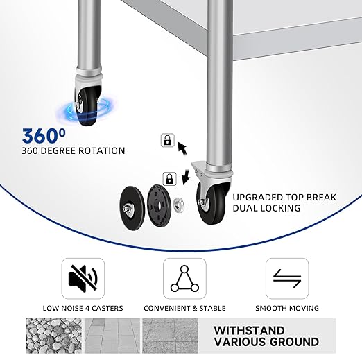 PIUMACU Stainless Steel Table with Wheels 24 x 36 Inch Commercial Stainless Steel Prep Table, Metal Table for Kitchen Restaurant Garage