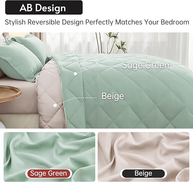 MUXHOMO 5 Pieces Twin XL Comforter Set, Reversible Bed in a Bag Twin XL Size, All Season Bedding Set with Comforter, Flat Sheet, Fitted Sheet, Pillowcases & Shams, Sage Green & Beige