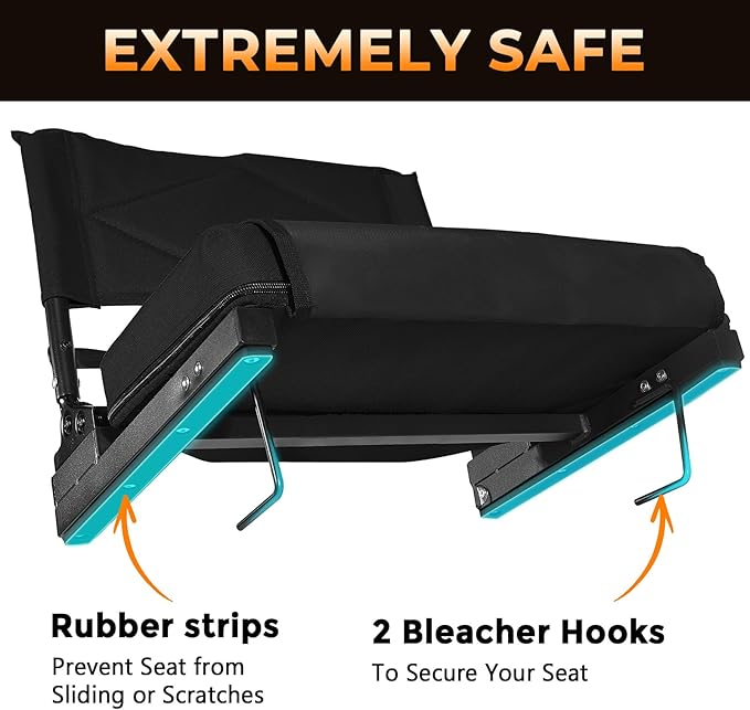 behairity Adjustable Stadium Seats with Back Support – 4-Position Reclining Bleacher Chairs with Padded Cushion, Foldable Portable Stadium Chair with Front Pocket and Shoulder Strap (Black)