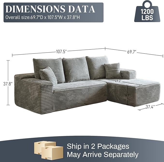 HYJT-H&K Modular Sectional Sofa Cloud Secttional Couch, 107" Comfy L Shaped Couches for Living Room, Deep Seat Memory Foam Fluffy Plush Corduroy Boneless Couch Sectionals Right Facing Sofa Chaise Grey