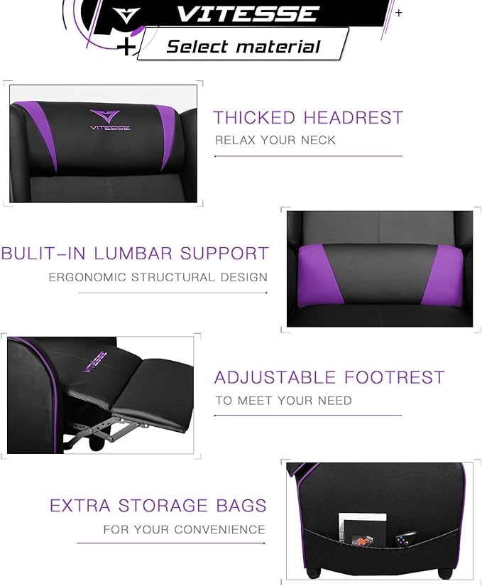 VITESSE Gaming Recliner Chair Racing Style Single PU Leather Sofa Modern Living Room Recliners Ergonomic Comfortable Home Theater Seating, Purple