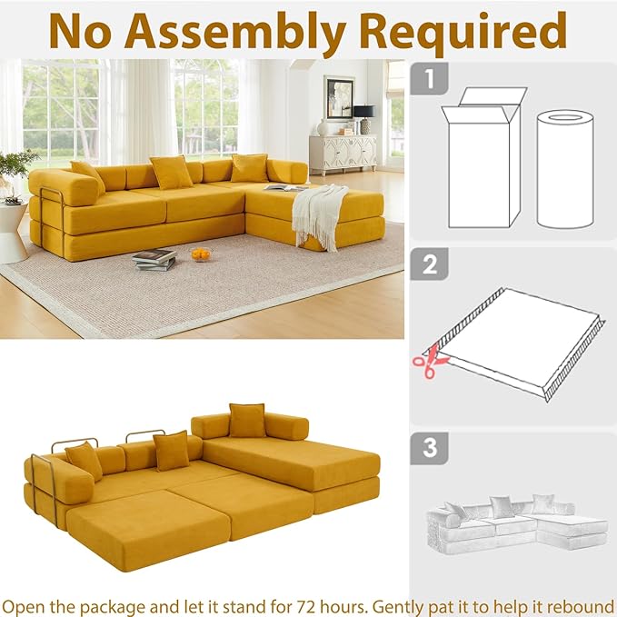 HANXIN 108" Modular Sectional Sofa,Futon Convertible Sofa Bed,Oversized Corduroy Boneless Couch for Living Room,Floor Loveseat Sleeper with Pull Out Bed,Free Combination,No Assembly Required (Yellow)
