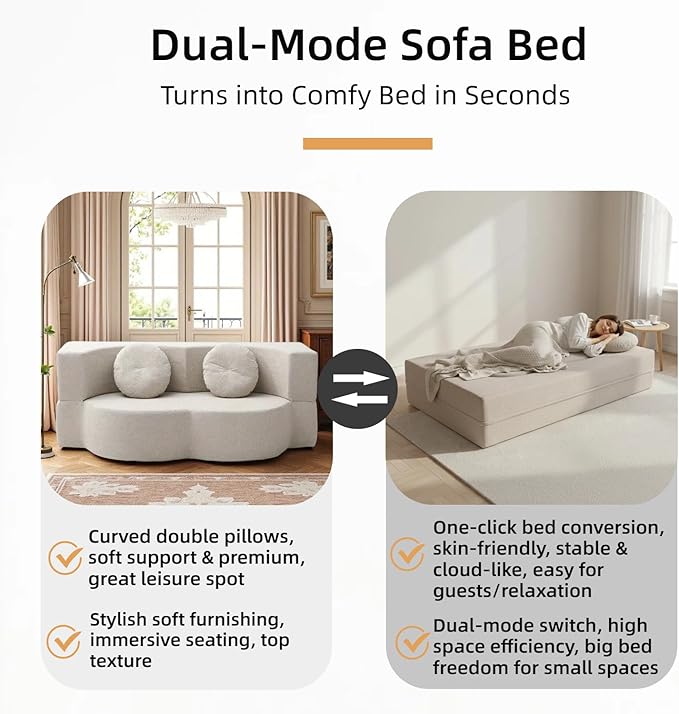 76" Convertible Folding Sofa Bed, 2-in-1 Twin Size Loveseat Sleeper Couch Bed with Two Pillows, Foldable Space-Saving | Design for Dorms Apartments Bedroom& Living Room,No Assemble(Khaki)