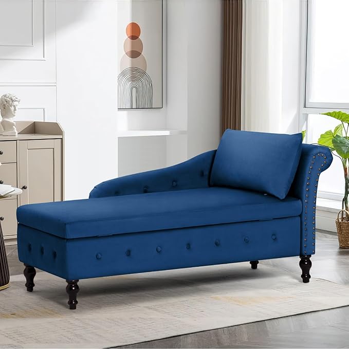 ACMEASE Upholstered Chaise Lounge with Right Armrest & Lumbar Pillow,Button Tufted Lounge Sofa with Storage,Lounge Chair Indoor,Modern Velvet Lounge Chair for Bedroom, Living Room and Office,Blue