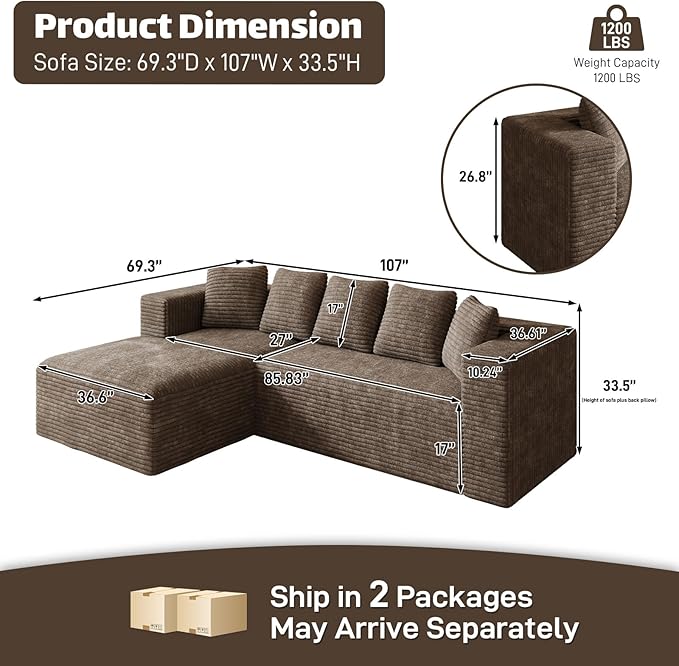 Modular Sectional Sofa, 107" L Shaped Cloud Couch Plush Corduroy Deep Seat Boneless Sofas with 5 Pillows Long Chaise Lounge Couches Memory Foam for Living Room, Brown - Left Facing Chaise