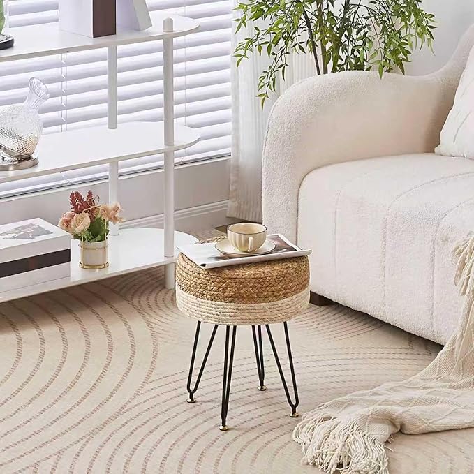 Wimarsbon Ottoman Pouf Handmade Natural Water Hyacinth,Round Footrest with 4 Metal Legs,Vanity Stool for Bedroom,Hallway,Living Room (Natural Water Hyacinth+White Corn Husk)