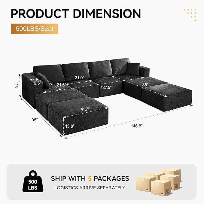146'' Oversized Boneless Sofa Bed, 4 Seater Modular Sectional Couch with 4 Moveable Ottoman, No Asswmbly Chenille Compression Sofas with Chaise for Home House, Black