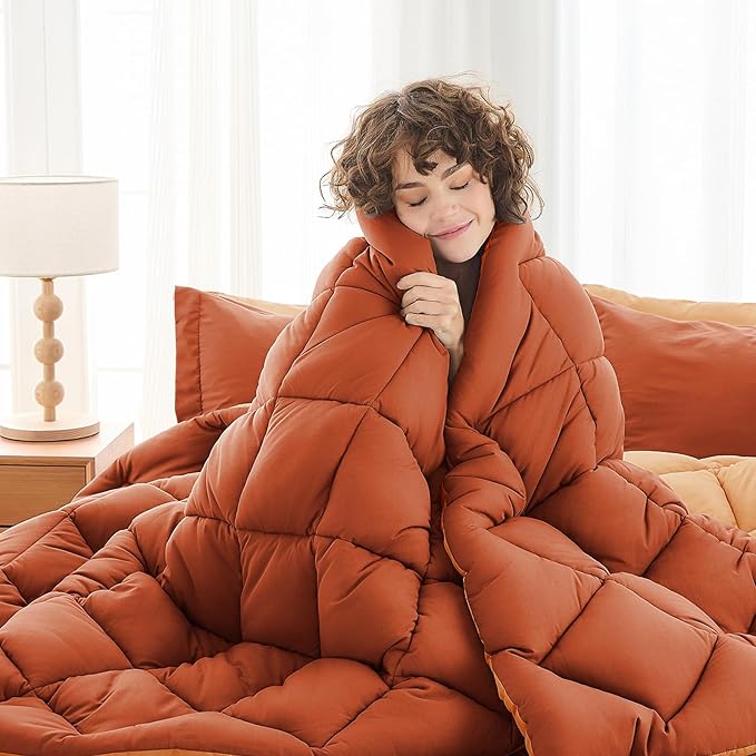 MUXHOMO 5 Pieces Twin XL Comforter Set, Reversible Bed in a Bag Twin XL Size, All Season Bedding Set with Comforter, Flat Sheet, Fitted Sheet, Pillowcases & Shams, Burnt Orange & Camel