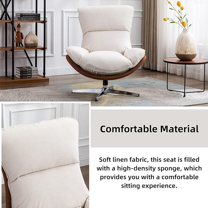 LukeAlon Linen Swivel Lounge Chair, Upholstered High Back Accent Chair with Metal Base Armelss Comfy Modern Recliner Chair for Living Room Office, Beige