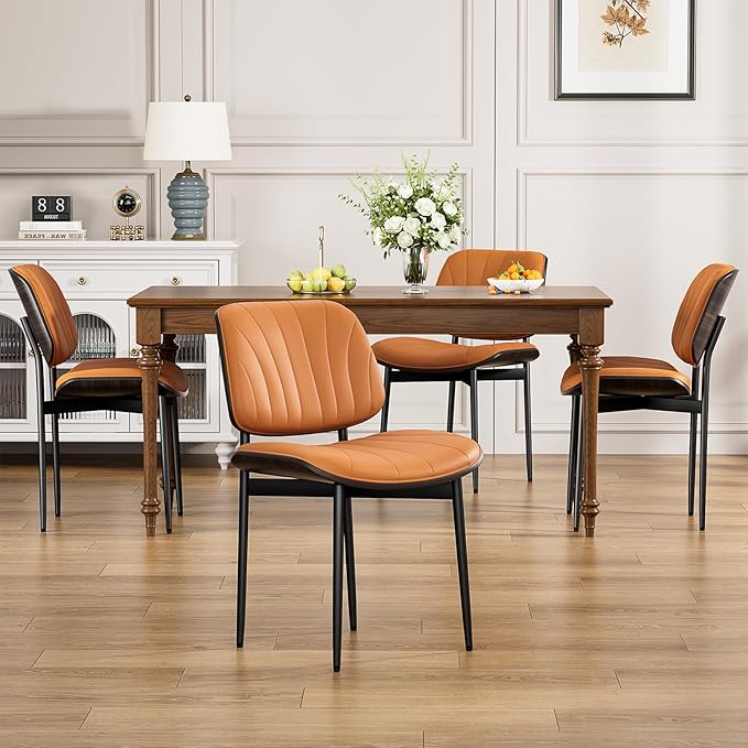 YaFiti Dining Chairs Set of 2, Mid Century Modern Dining Room and Kitchen Chairs, Upholstered PU Leather Chairs with Walnut Bentwood and Metal Legs, Orange