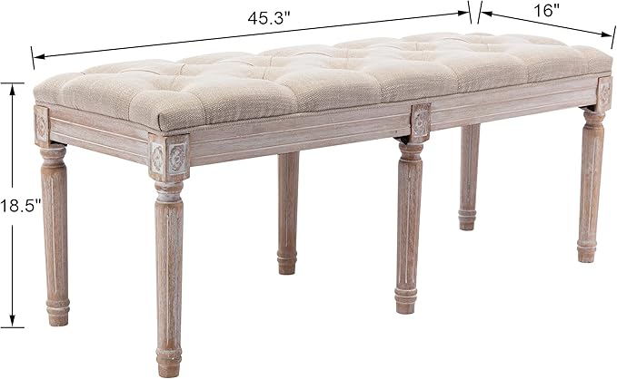 DM Furniture Tufted Dining Bench French Vintage Fabric Upholstered Wood Dining Room Bench Rustic Entryway Bench Bedroom End Bed Bench, Beige 48" Long