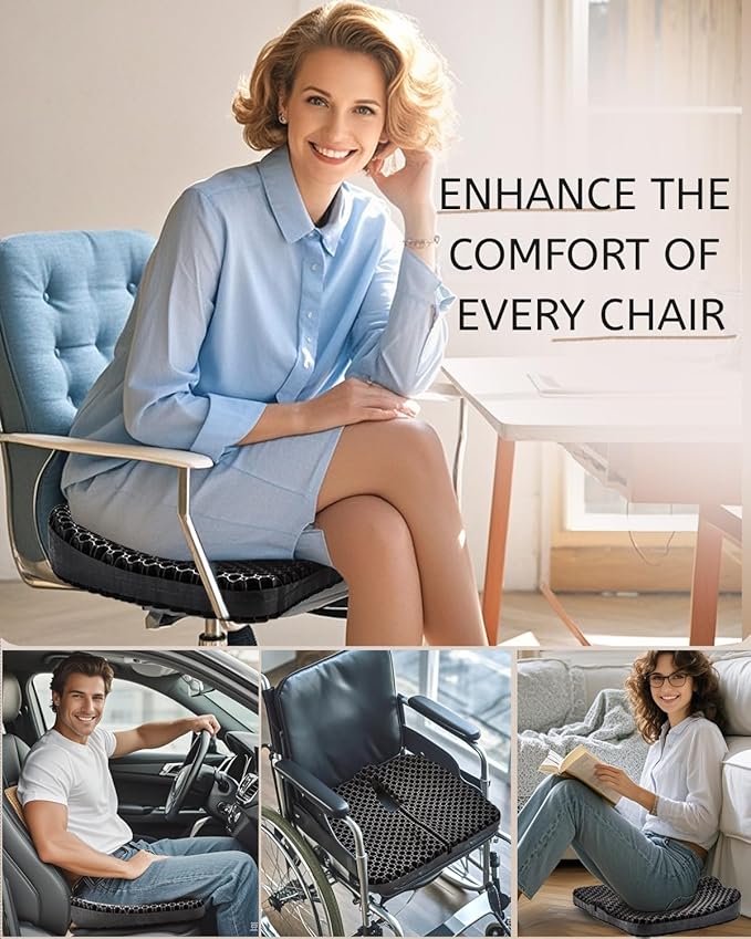 Anzeng Gel Seat Cushion for Long Sitting, Gel Cushion for Pressure Relief, Soft & Breathable, Chair Cushion for Office Chair, Car, Wheelchair, Seat Cushion with Non-Slip Black Cover