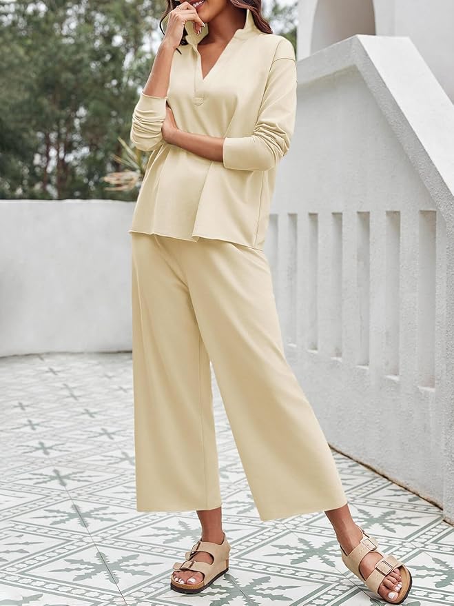 Imily Bela Womens 2 Piece Outfits Sweatsuit Long Sleeve Lapel V Neck Shirt and Wide Leg Pants 2025 Fall Trendy Tracksuit