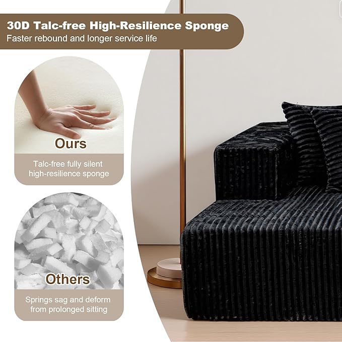 130'' U Shaped Couched for Living Room, Cloud Modular Sectional Couch with 2 Chaise Lounge, Modern Minimalist Upholstered Sofa Sleeper Deep Seat Corner Couch, No Assembly Required Black