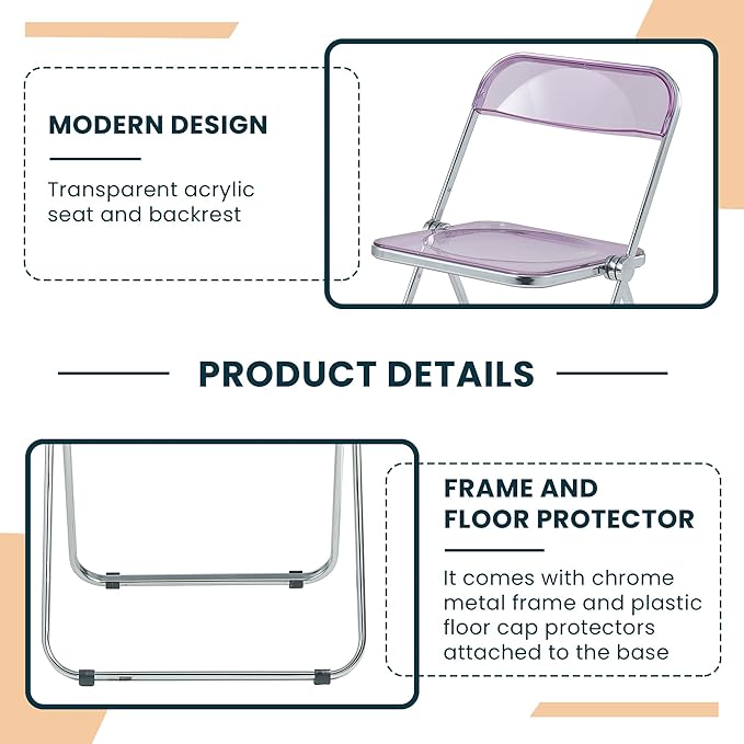 LeisureMod Lawrence Modern Clear Acrylic Folding Chair with Metal Frame, Space-Saving Transparent Seating for Dining Room, Home Office, Bedroom, Vanity or Small Spaces, (Magenta, Set of 2)
