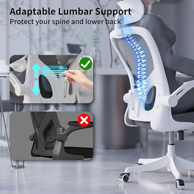 Office Chair Ergonomic Desk Chair with Lumbar Support&Headrest&Flip-up Arms Height Adjustable Rocking Swivel High Computer Chair Multi-Angle from 90° to 130° with 350LBS Capacity (02White+Grey)