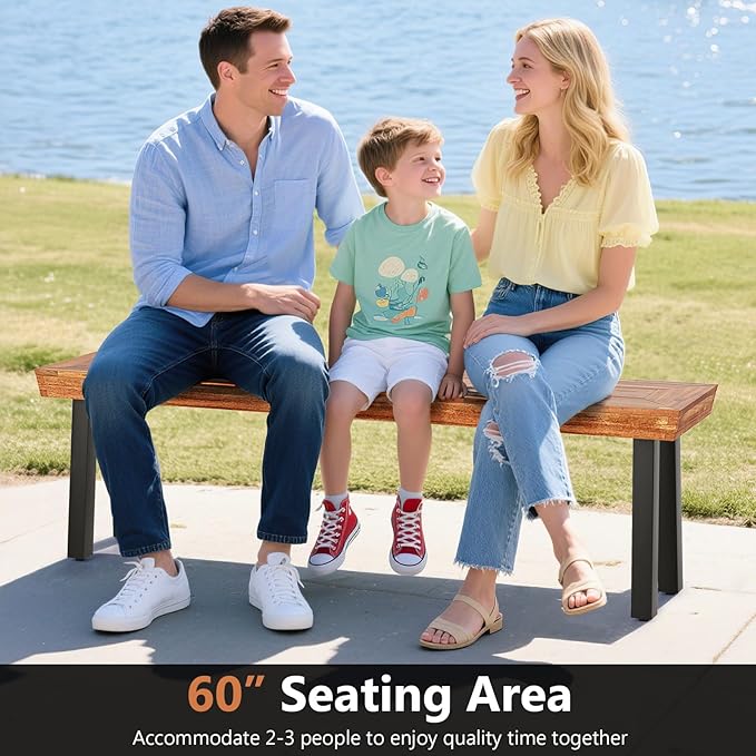 RELAX4LIFE 60’’ Outdoor Bench Acacia Wood - 2-3 Person Backless Patio Seat with Heavy Duty Metal Frame, Wooden Picnic Dining Garden Bench for Outside Backyard Park Porch, 800 LBS Weight Capacity (2)