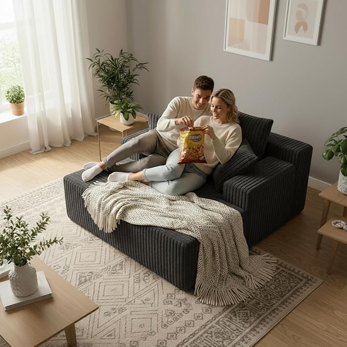Sytopia Chaise Lounge with Armrests, Oversized Sofa Bed with 3 Pillows, Cozy Boneless Couch, Sleeper Reading Chair for Living Room Bedroom, Floor Sofa Corduroy, Furniture Sala, Volcanic Ash