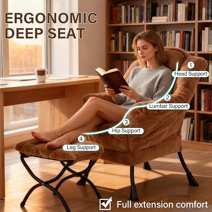 Welnow Lazy Chair with Ottoman, Modern Lounge Accent Chair with Armrests and a Side Pocket, Leisure Sofa Armchair, Reading Armchair with Footrest for Small Space, Plush Brown
