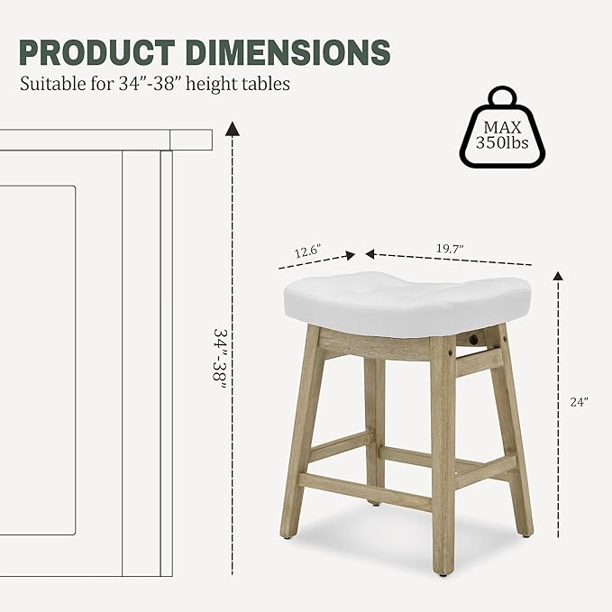 RNKSFX Counter Height Bar Stools Set of 2 for Kitchen Counter, Wooden Backless Island Barstools Farmhouse Modern Short Stools No Back with Faux Leather Saddle Seat 24 inch Counter Top Chairs, White