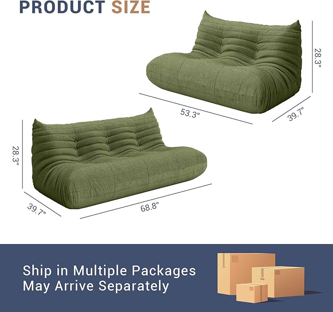 Bean Bag Chair for Adults, Fireside Chair Lazy Floor Sofa, Modern Corduroy Fabric Caterpillar Sofa Couch, Armless Foam Lounger Tatami Recliner Bean Bag Couch for Living Room Bedroom Dorm Office