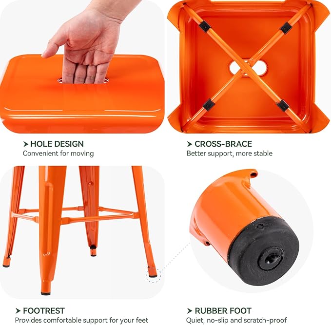 Vogue Furniture Direct 24" High Bar Stools Backless Orange Metal Barstools Indoor-Outdoor Counter Height Stools with Square Seat, Set of 4