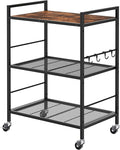 XIVIRACK 3-Tier Metal Storage Rack with Industrial Wheels,Mesh Shelving Unit with Wooden Table top,Adjustable Shelf,23.6-Inch Width,15.8-Inch Depth, for Kitchen, Laundry,Pantry,Plant,Black