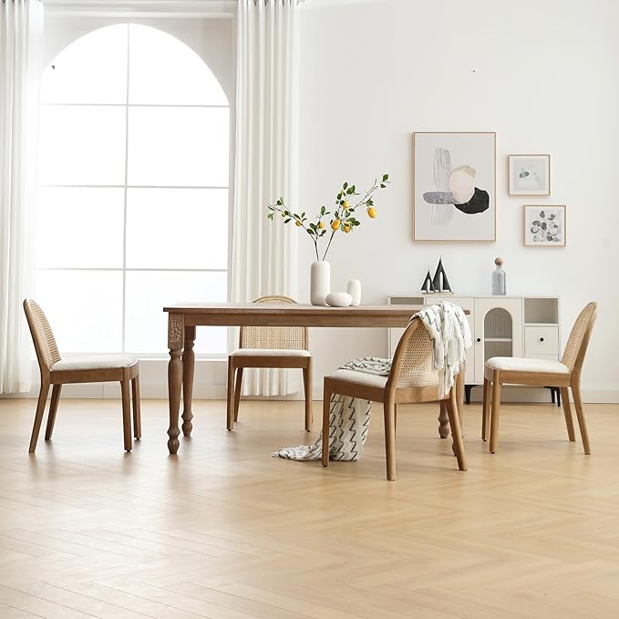 DUOMAY Mid-Century Modern Rattan Dining Chairs Set of 4, Wooden Dining Room Chair with Cane Backrest and Padded Seat, Sherpa Upholstered Dining Chair, Natural Finish, White
