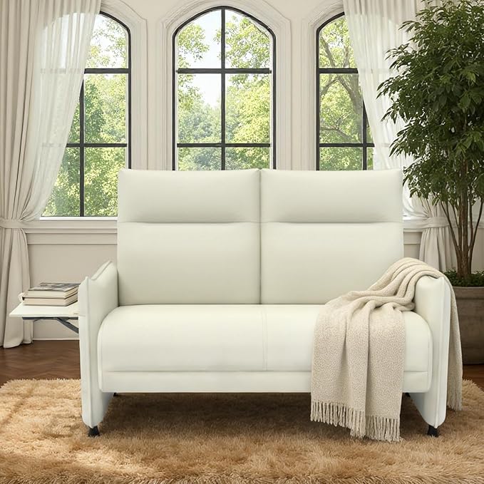 Faux Leather Loveseat, Upholstered Loveseat with Hidden Foldable Tray & Side Pocket, Front Contour Arm Design, Modern 2-Seater Sofa Couch for Compact Spaces, Beige