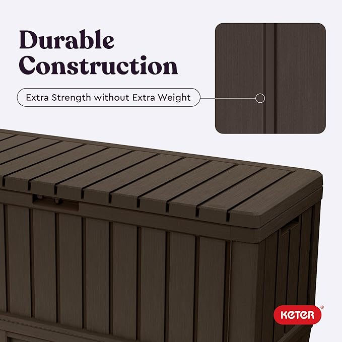 Keter Kentwood 92 Gallon Resin Deck Box-Organization and Storage for Patio Furniture Outdoor Cushions, Throw Pillows, Garden Tools and Pool Floats, Brown