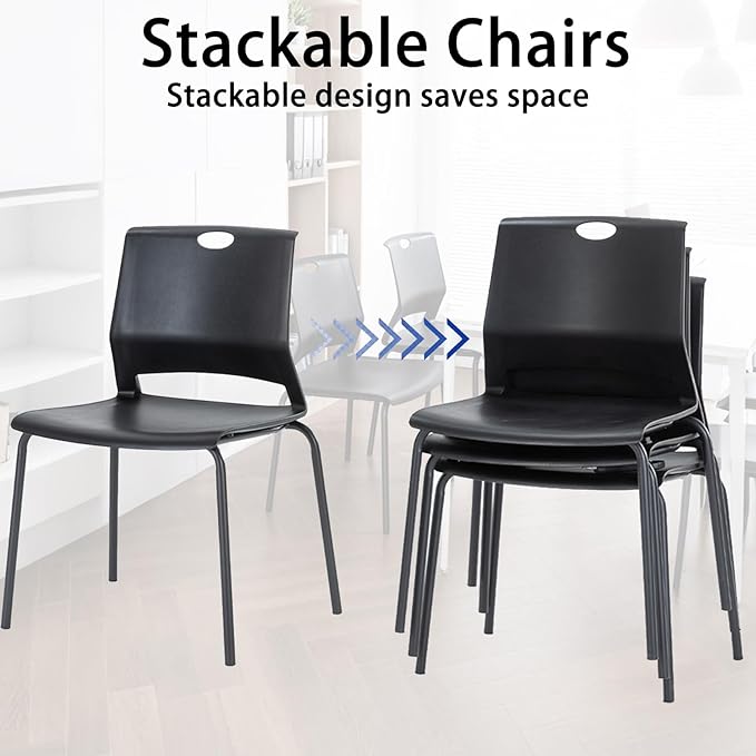 Black Stackable Chairs Set of 4, Modern Office Guest Chair Wide Seat, Stackable Dining Chairs, Plastic Chair for Conference Room, Church,Living Room, Waiting Room, Classroom.