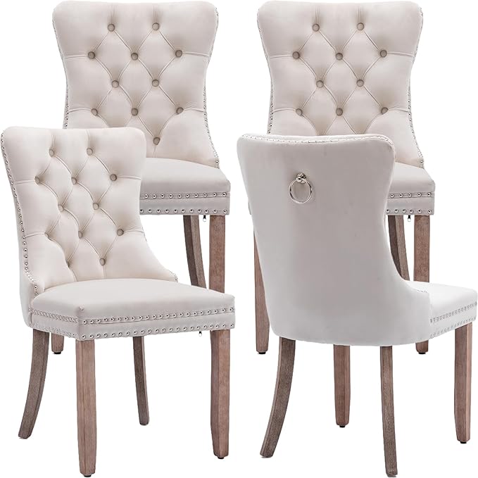 YeahFurn Beige Mid Century Modern Dining Chairs Set of 4, Velvet Upholstered Kitchen & Dining Room Chairs with Nailhead Trim & Solid Wood Legs, Elegant Sillas De Comedor (Beige, 4 Pcs)
