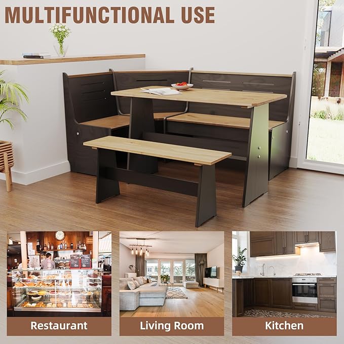 Breakfast Nook Table Set for Kitchen - Bench Seating for Dining Room with Space Saving Solid Wood L Shaped Corner Dining Table Set Apartment for 4 to 6 People - Black