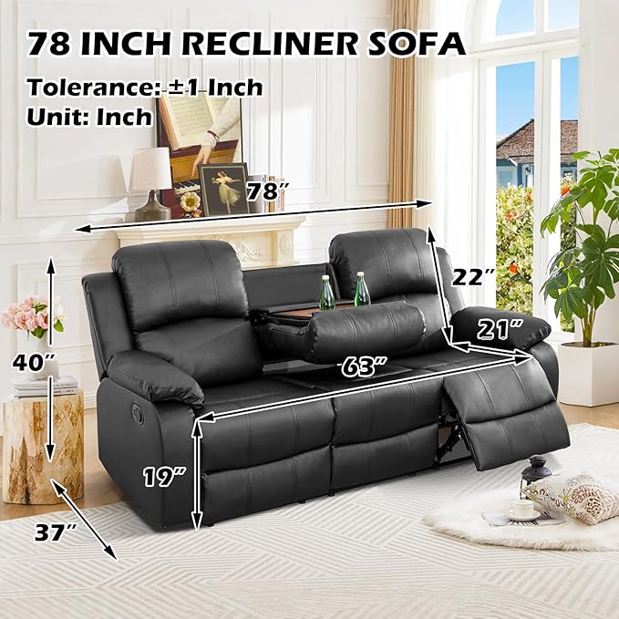 SIENWIEY Manual Leather Recliner Sectional Sofa for Living Room,L Shaped Reclining Sectional Corner Couch with Sofa,Black Recliner Sofa Set with Storage Console/Drop Down Coffee Table/Cup Holders