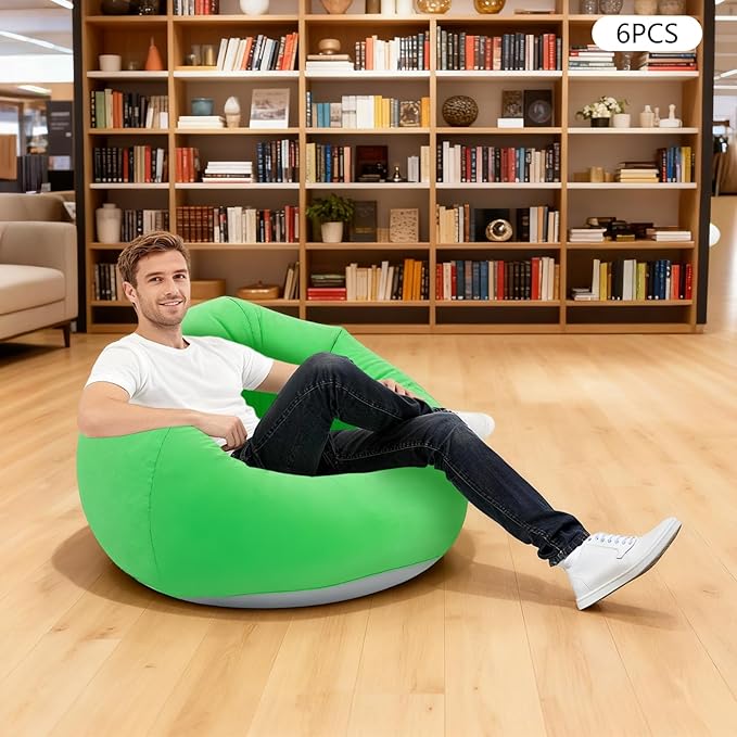 DYRABREST 6 Pcs Bean Bag Chairs for Adults, Inflatable Chairs with Foot Pump, Folding Blow Up Couch, Flocking Portable Lazy Sofa for Movie Night, Living Room, Camping, 220 lbs Load Capacity (Green)