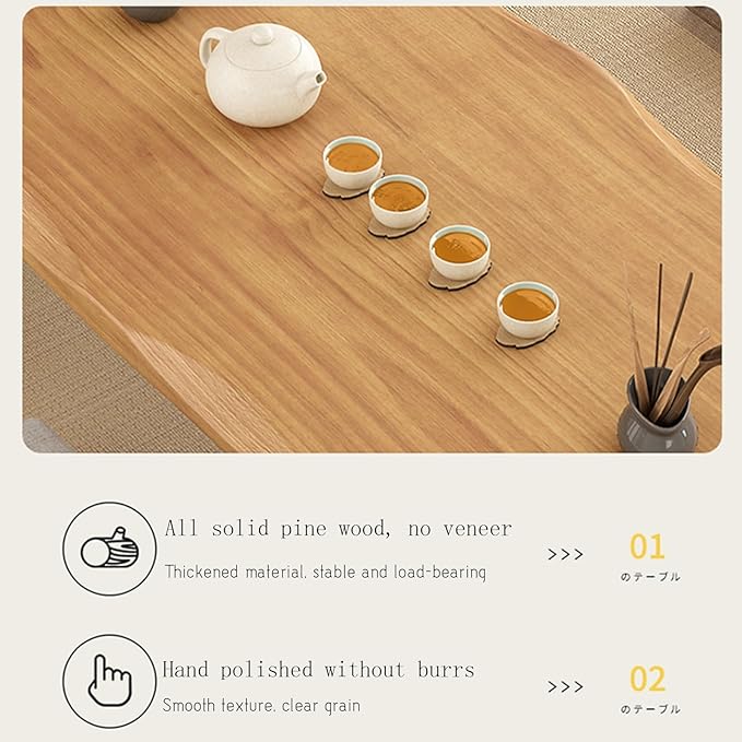 Solid Wood Japanese Tea Table, Simple and Modern Low Design, Tatami Tea Style, Zen-Inspired Kotatsu, Bay Window Seating, Floor Style (Natural Wood, 160 * 60 * 35cm)