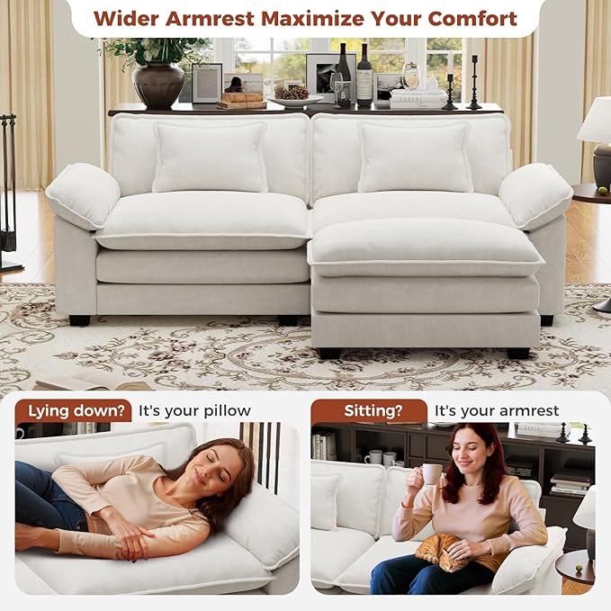 CDCASA 86" Modular Sectional Sofa, Comfy L-Shaped Cloud Couch with Movable Ottoman, 3-Seater Velvet Deep Seat Modern Sofa Couch for Living Room, Apartment, DIY Combination, Beige