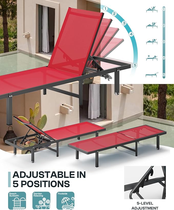 Pool Lounge Chairs Set of 2，Outdoor Lounge Chairs with Wheels and 5-Position Recliner -Easy to Move- Aluminum Patio Lounge Chair for Poolside, Deck (Red)