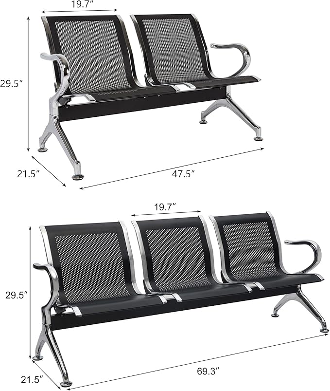 Kinfant Waiting Room Benches Set- 3-Pieces Office Guest Chairs Reception Chairs with Arms for Airport, Hospital, Bank, Salon, Barbershop, Hall, Room Conference(Black Mesh)