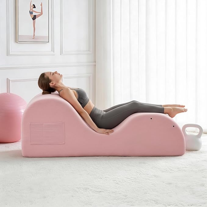DRMBOOK Yoga Chairs for Adults, Corduroy Fabric Chaise Lounge with Headrest, Boneless Yoga Sofa Couch with Waist Cushion, Movable Footrest, Side Pockets for Relaxation Exercise Stretching (Pink)