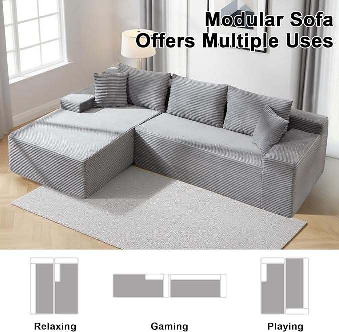105" Cloud Modular Sectional Couch with L-Shape Chaise, Upholstered Corduroy Couches for Living Room, No Assembly Required Deep Seat Boneless Sofa
